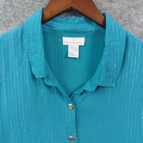Soft Surroundings Shirt Sz 3X Linen Blue Silver Metallic Stripe Long Sleeve Top - Picture 3 of 8